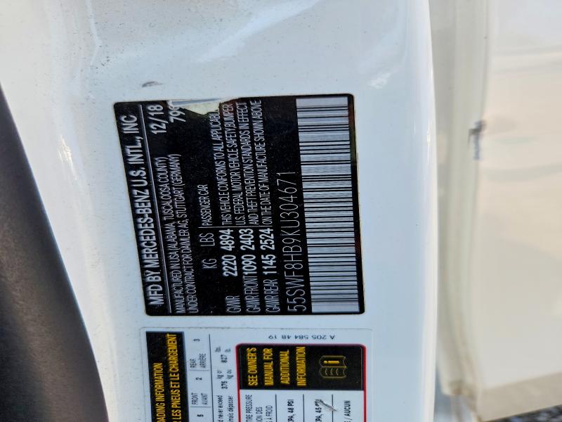 65410136 :رقم المزاد ، 55SWF8HB9KU304671 vin ، 2019 Mercedes-benz C مزاد بيع