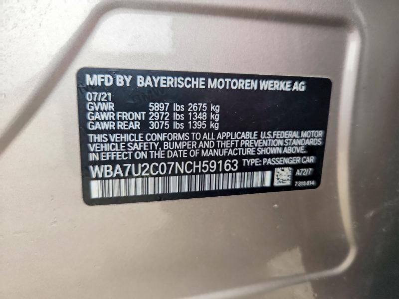 Aukcja sprzedaży 2022 Bmw 750, vin: WBA7U2C07NCH59163, numer aukcji: 65129776