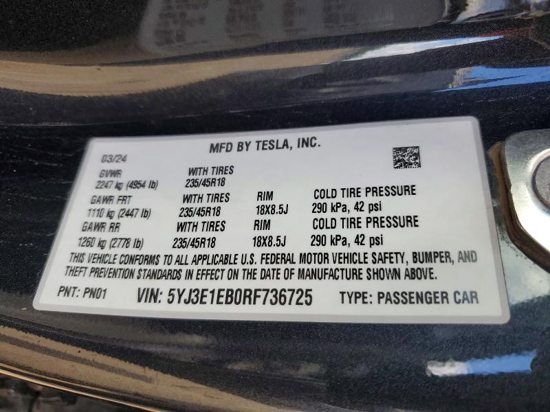 Aukcja sprzedaży 2024 Tesla Model 3, vin: 5YJ3E1EB0RF736725, numer aukcji: 66665656