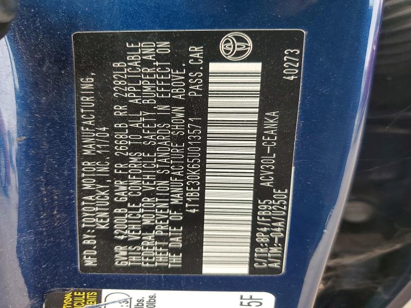 2005 Toyota Camry მანქანა იყიდება აუქციონზე, vin: 4T1BE30K65U013571, აუქციონის ნომერი: 67192046