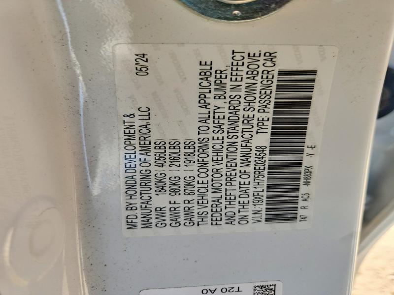 2024 Honda Civic მანქანა იყიდება აუქციონზე, vin: 19XFL1H75RE024548, აუქციონის ნომერი: 63901896