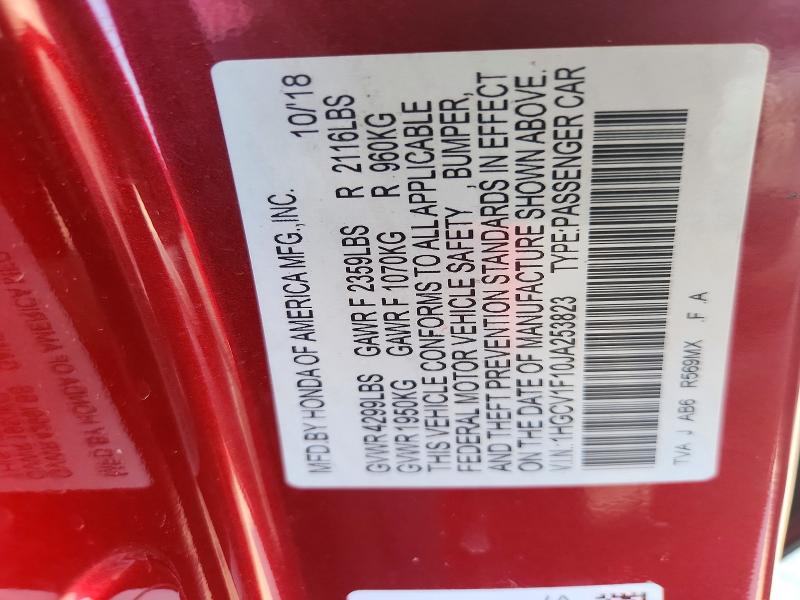 2018 Honda Accord მანქანა იყიდება აუქციონზე, vin: 1HGCV1F10JA253823, აუქციონის ნომერი: 65343196