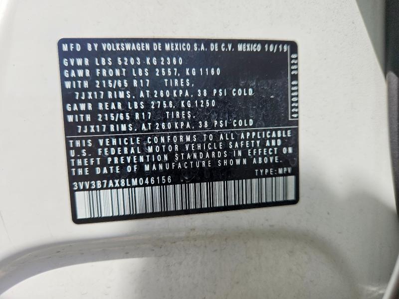 2020 Volkswagen Tiguan მანქანა იყიდება აუქციონზე, vin: 3VV3B7AX8LM046156, აუქციონის ნომერი: 66120346