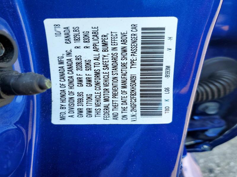 Продаж на аукціоні авто 2019 Honda Civic, vin: 2HGFC2F82KH504091, номер лоту: 65135916