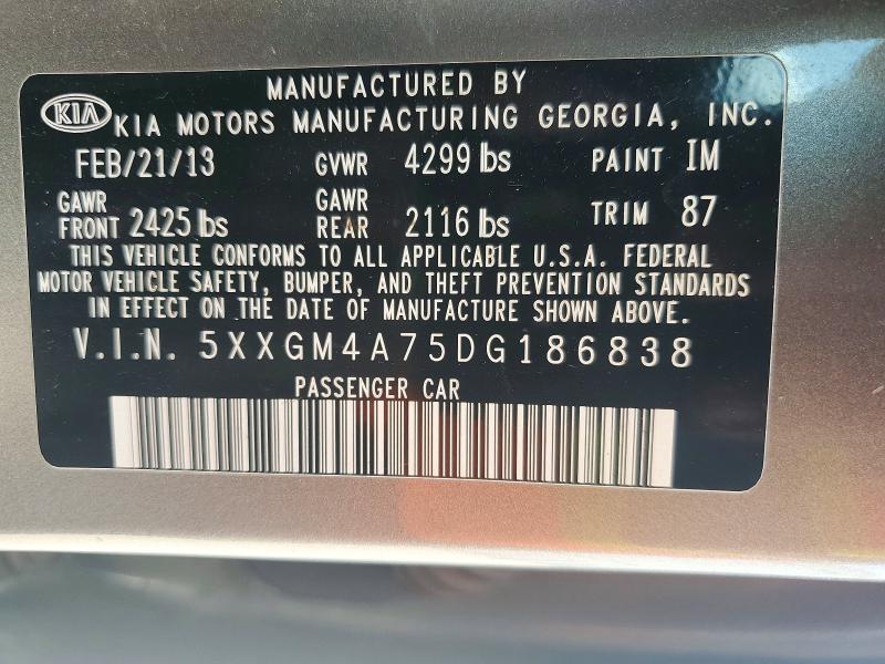 Продажа на аукционе авто 2013 Kia Optima, vin: 5XXGM4A75DG186838, номер лота: 64908586