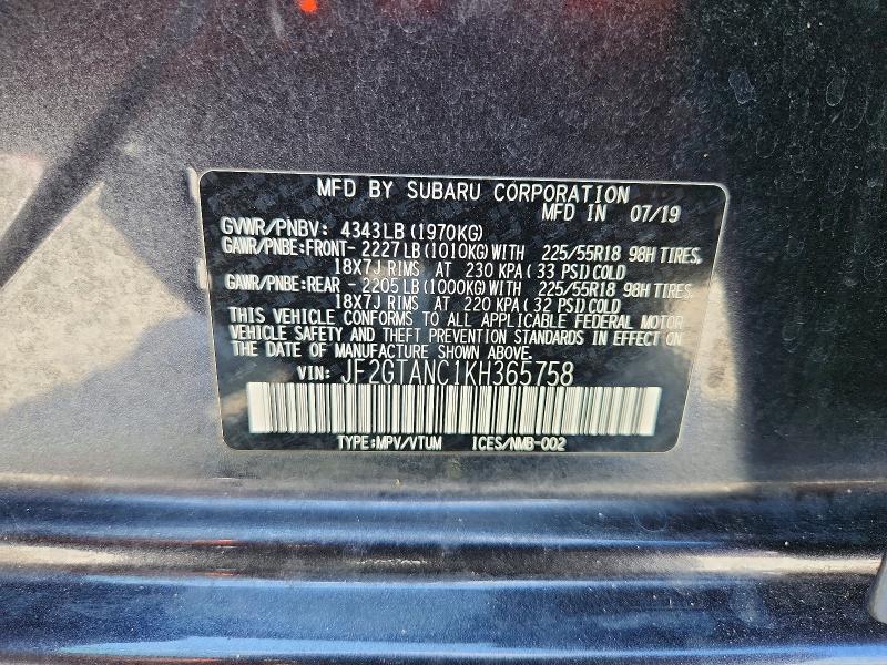 63796416 :رقم المزاد ، JF2GTANC1KH365758 vin ، 2019 Subaru Crosstrek مزاد بيع