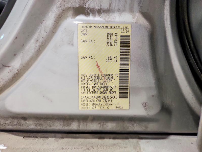 2015 Nissan Altima მანქანა იყიდება აუქციონზე, vin: 1N4AL3AP6FN380505, აუქციონის ნომერი: 66241696