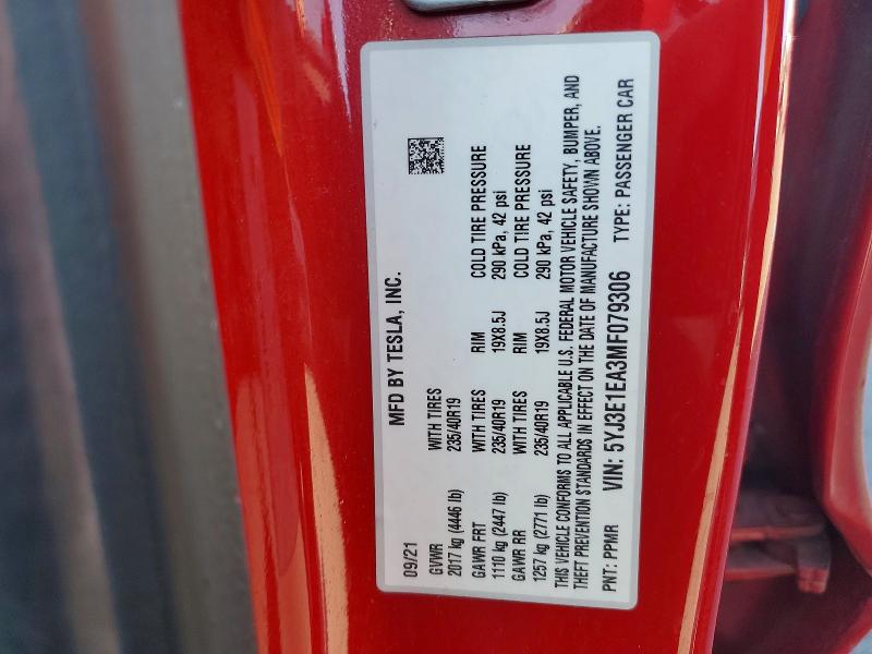 63561476 :رقم المزاد ، 5YJ3E1EA3MF079306 vin ، 2021 Tesla Model 3 مزاد بيع
