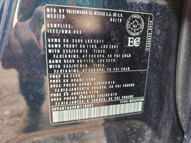 Aukcja sprzedaży 2019 Volkswagen Tiguan, vin: 3VV4B7AX3KM118397, numer aukcji: 66059366