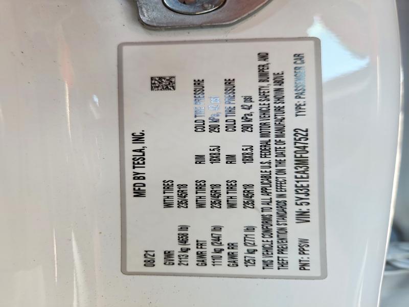 Auction sale of the 2021 Tesla Model 3, vin: 5YJ3E1EA3MF047522, lot number: 64533546