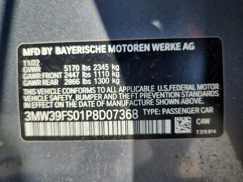 63813576 :رقم المزاد ، 3MW39FS01P8D07368 vin ، 2023 Bmw 330xe مزاد بيع