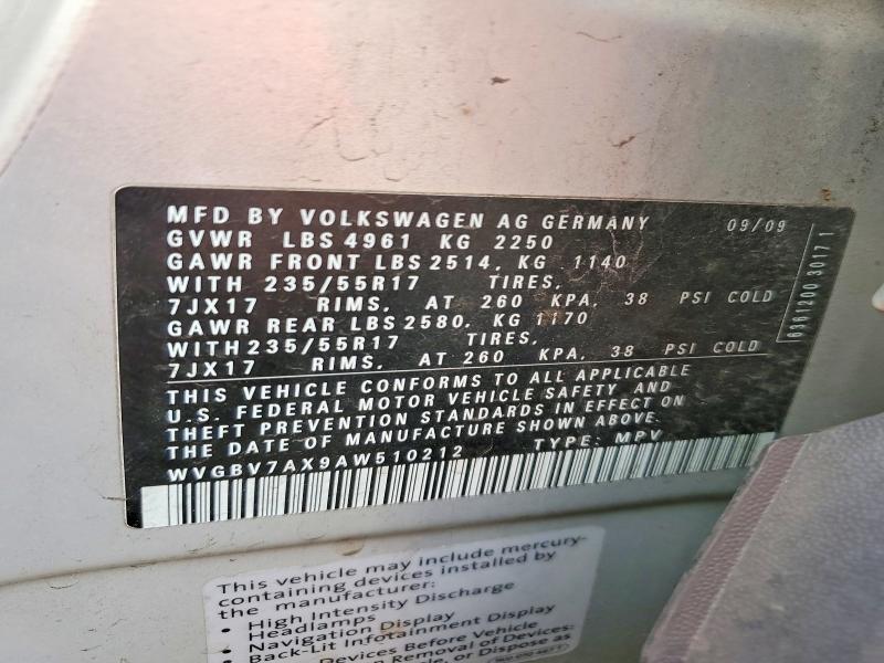 Продаж на аукціоні авто 2010 Volkswagen Tiguan, vin: WVGBV7AX9AW510212, номер лоту: 66396866