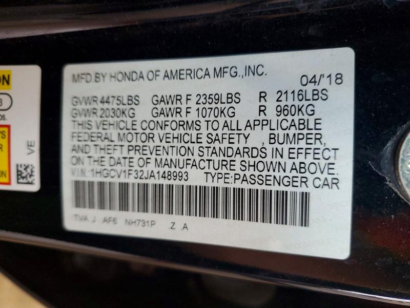 2018 Honda Accord მანქანა იყიდება აუქციონზე, vin: 1HGCV1F32JA148993, აუქციონის ნომერი: 64997126