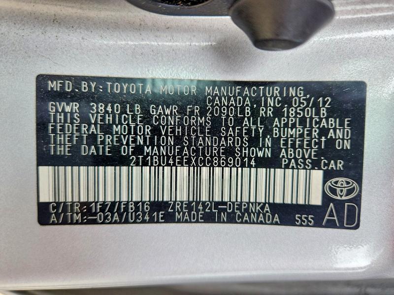 2012 Toyota Corolla მანქანა იყიდება აუქციონზე, vin: 2T1BU4EEXCC869014, აუქციონის ნომერი: 63546096
