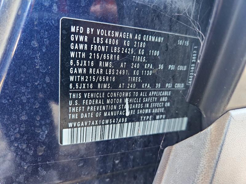 Aukcja sprzedaży 2016 Volkswagen Tiguan, vin: WVGAV7AX1GW547498, numer aukcji: 66500186