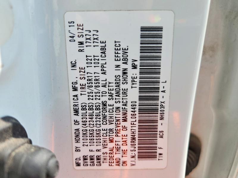 Продажа на аукционе авто 2015 Honda Cr-v, vin: 5J6RM4H71FL064490, номер лота: 65184196