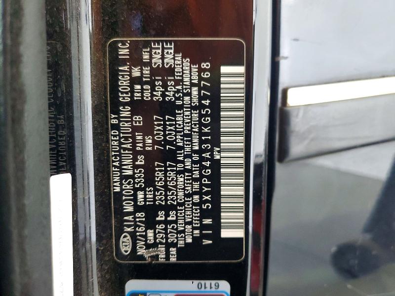 2019 Kia Sorento მანქანა იყიდება აუქციონზე, vin: 5XYPG4A31KG547768, აუქციონის ნომერი: 65223896