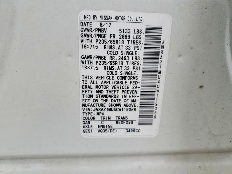 Продажа на аукционе авто 2012 Nissan Murano, vin: JN8AZ1MU4CW119088, номер лота: 65558406