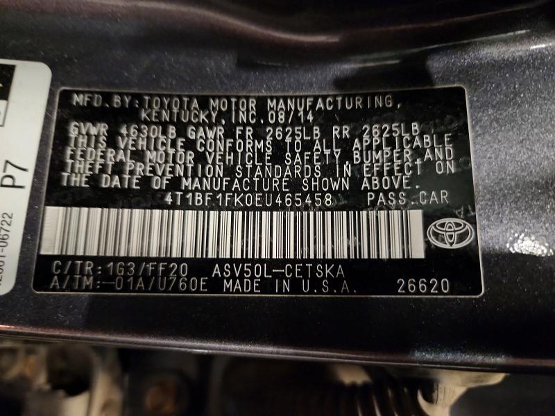 2014 Toyota Camry მანქანა იყიდება აუქციონზე, vin: 4T1BF1FK0EU465458, აუქციონის ნომერი: 65457036