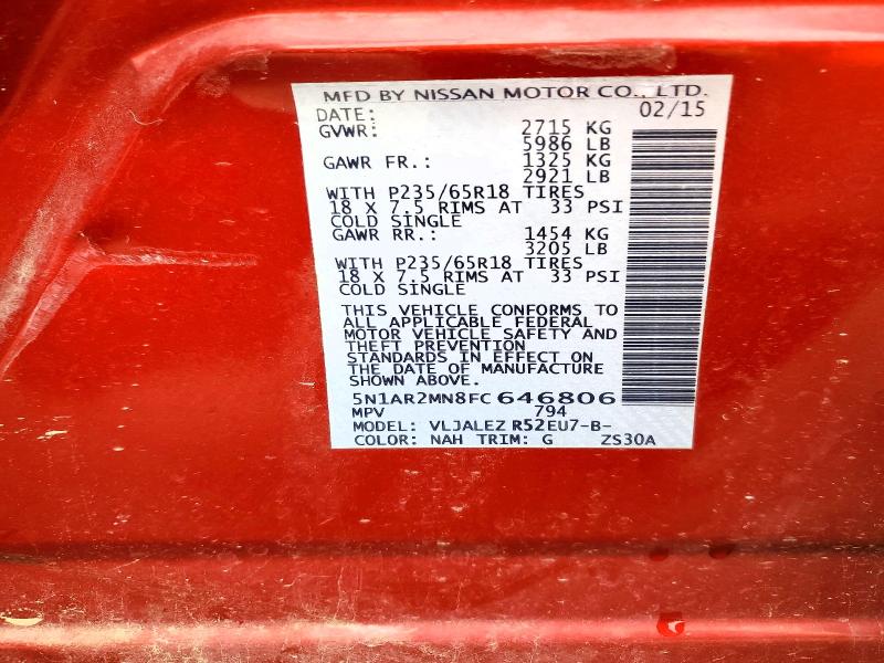 Продажа на аукционе авто 2015 Nissan Pathfinder, vin: 5N1AR2MN8FC646806, номер лота: 65519796