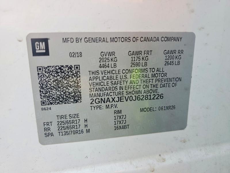 62893676 :رقم المزاد ، 2GNAXJEV0J6281226 vin ، 2018 Chevrolet Equinox مزاد بيع