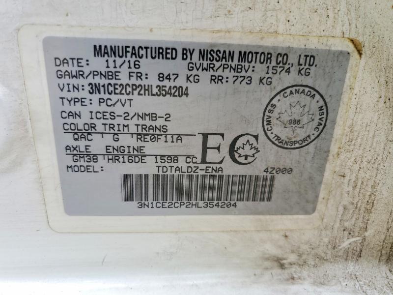 65169256 :رقم المزاد ، 3N1CE2CP2HL354204 vin ، 2017 Nissan Versa Note مزاد بيع