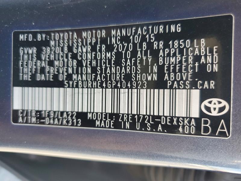 Продажа на аукционе авто 2016 Toyota Corolla, vin: 5YFBURHE4GP404923, номер лота: 63586796