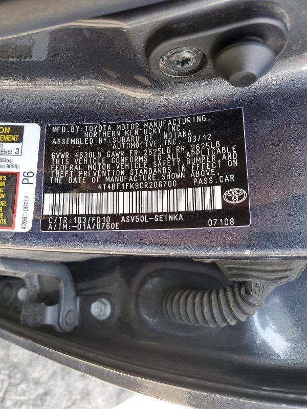 Aukcja sprzedaży 2012 Toyota Camry, vin: 4T4BF1FK9CR206700, numer aukcji: 64698666