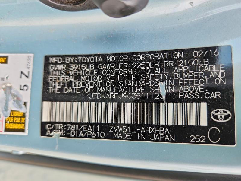 2016 Toyota Prius მანქანა იყიდება აუქციონზე, vin: JTDKARFU9G3511123, აუქციონის ნომერი: 66943816