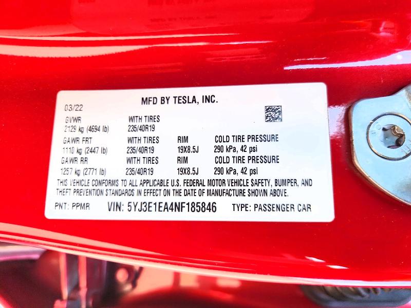 2022 Tesla Model 3 მანქანა იყიდება აუქციონზე, vin: 5YJ3E1EA4NF185846, აუქციონის ნომერი: 63737886