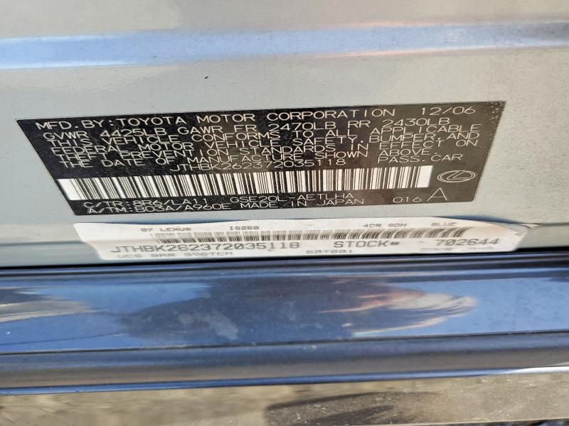Продаж на аукціоні авто 2007 Lexus Is 250, vin: JTHBK262372035118, номер лоту: 64467646