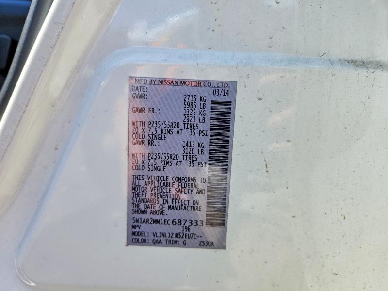 65212446 :رقم المزاد ، 5N1AR2MM1EC687333 vin ، 2014 Nissan Pathfinder مزاد بيع