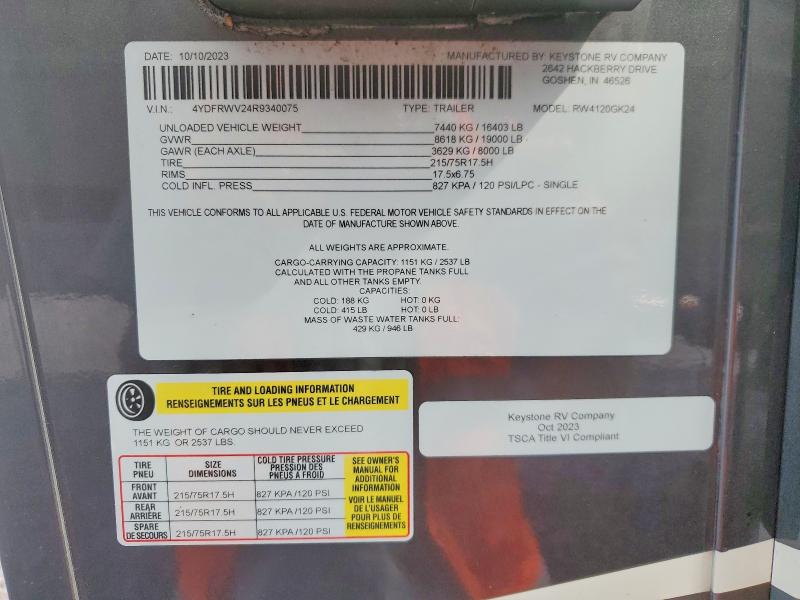 Продаж на аукціоні авто 2024 Keystone Unknown, vin: 4YDFRWV24R9340075, номер лоту: 61895126