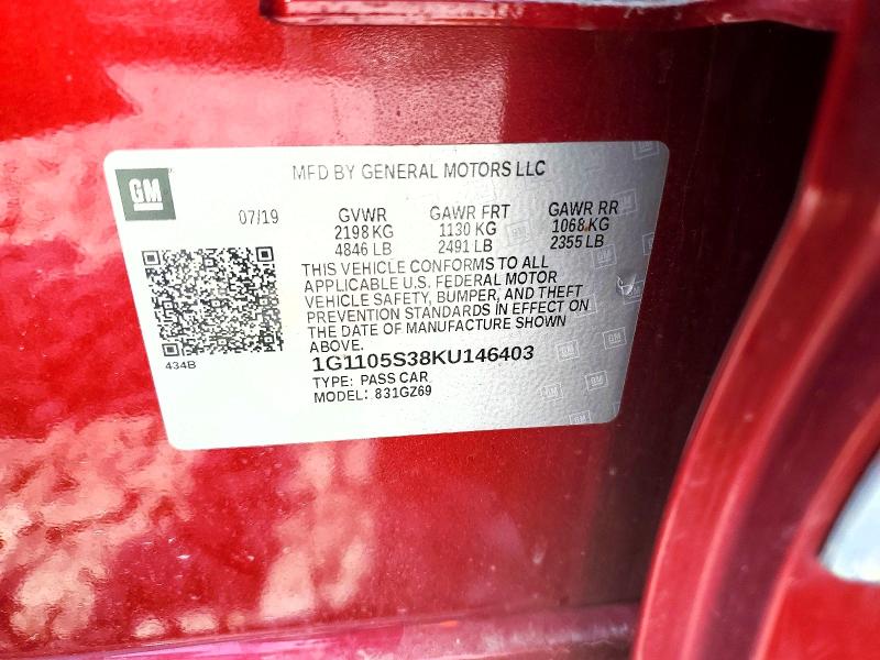 2019 Chevrolet Impala მანქანა იყიდება აუქციონზე, vin: 1G1105S38KU146403, აუქციონის ნომერი: 64098886