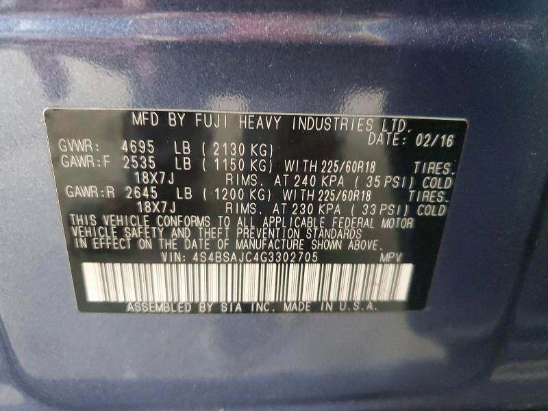 2016 Subaru Outback მანქანა იყიდება აუქციონზე, vin: 4S4BSAJC4G3302705, აუქციონის ნომერი: 66053036