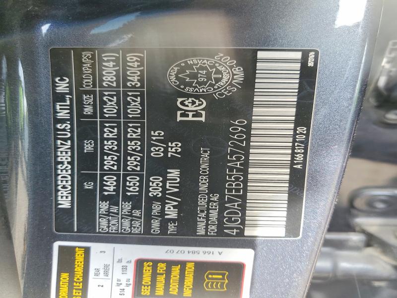 65514446 :رقم المزاد ، 4JGDA7EB5FA572696 vin ، 2015 Mercedes-benz Ml مزاد بيع