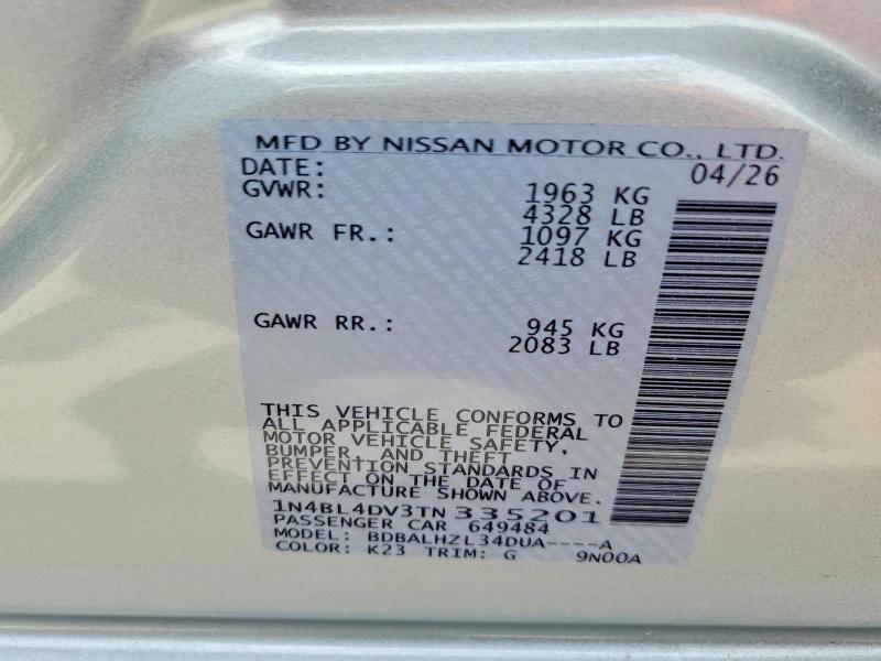 2026 Nissan Altima მანქანა იყიდება აუქციონზე, vin: 1N4BL4DV3TN335201, აუქციონის ნომერი: 66249956