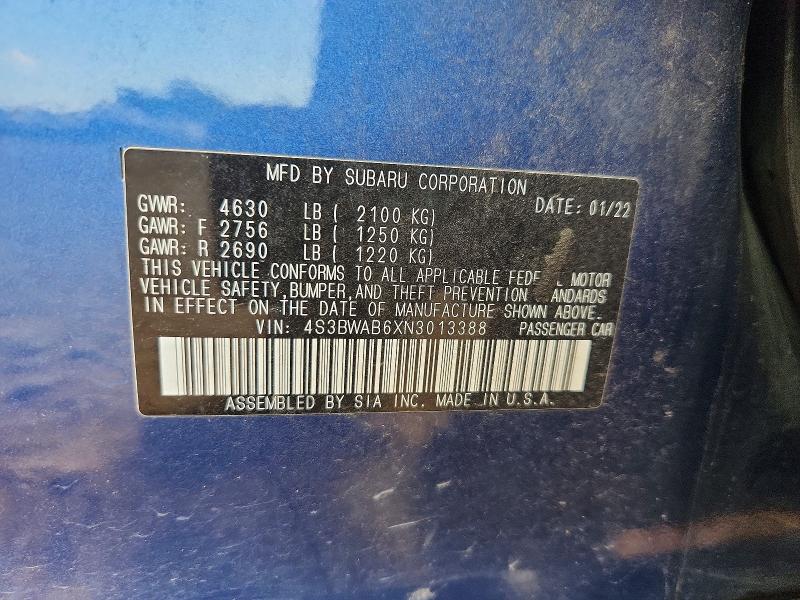Продажа на аукционе авто 2022 Subaru Legacy, vin: 4S3BWAB6XN3013388, номер лота: 61582806