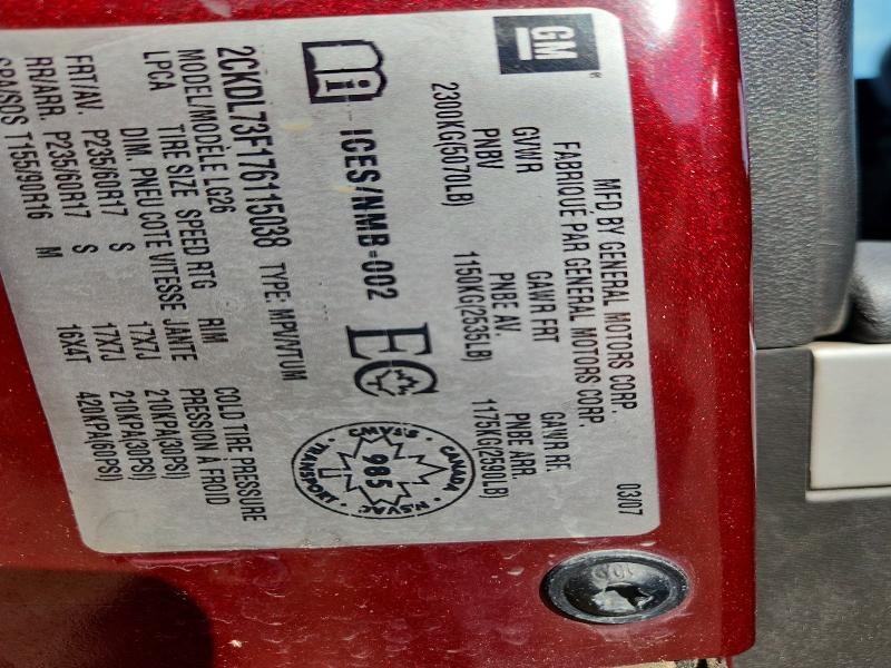 66267556 :رقم المزاد ، 2CKDL73F176115038 vin ، 2007 Pontiac Torrent مزاد بيع