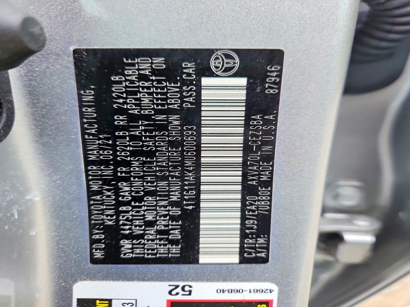 2021 Toyota Camry მანქანა იყიდება აუქციონზე, vin: 4T1G11AK4MU600693, აუქციონის ნომერი: 64368596