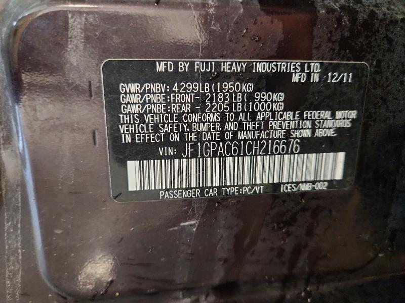 62744366 :رقم المزاد ، JF1GPAC61CH216676 vin ، 2012 Subaru Impreza مزاد بيع