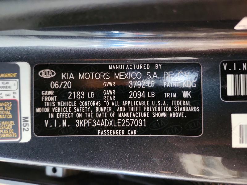 66233686 :رقم المزاد ، 3KPF34ADXLE257091 vin ، 2020 Kia Forte مزاد بيع