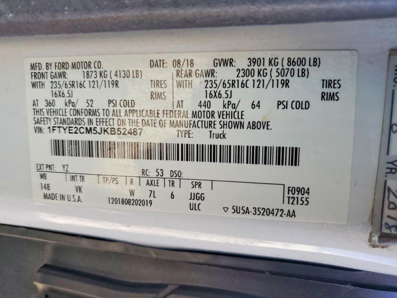 2018 Ford Transit მანქანა იყიდება აუქციონზე, vin: 1FTYE2CM5JKB52487, აუქციონის ნომერი: 63685006