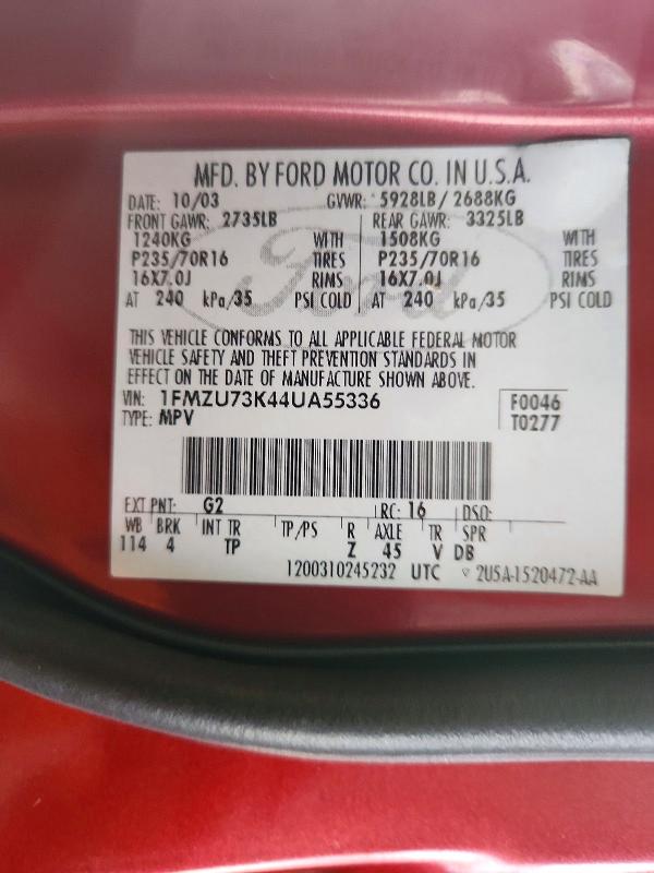 66924406 :رقم المزاد ، 1FMZU73K44UA55336 vin ، 2004 Ford Explorer مزاد بيع