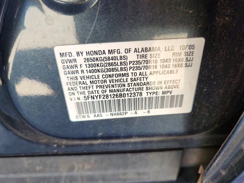 Aukcja sprzedaży 2006 Honda Pilot, vin: 5FNYF28126B012378, numer aukcji: 65408046