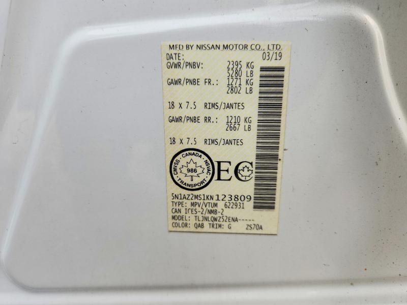 2019 Nissan Murano მანქანა იყიდება აუქციონზე, vin: 5N1AZ2MS1KN123809, აუქციონის ნომერი: 64015746