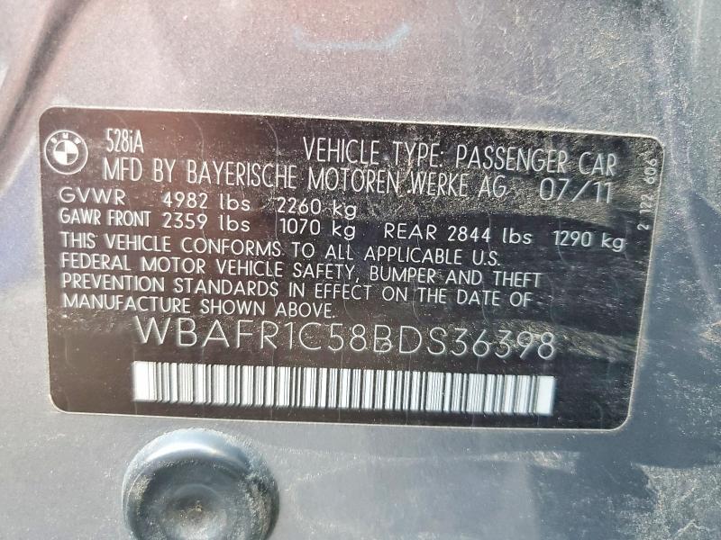 63493806 :رقم المزاد ، WBAFR1C58BDS36398 vin ، 2011 Bmw 528 مزاد بيع