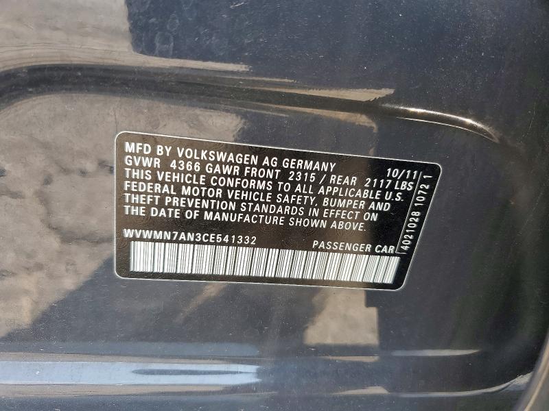 63854206 :رقم المزاد ، WVWMN7AN3CE541332 vin ، 2012 Volkswagen Cc مزاد بيع