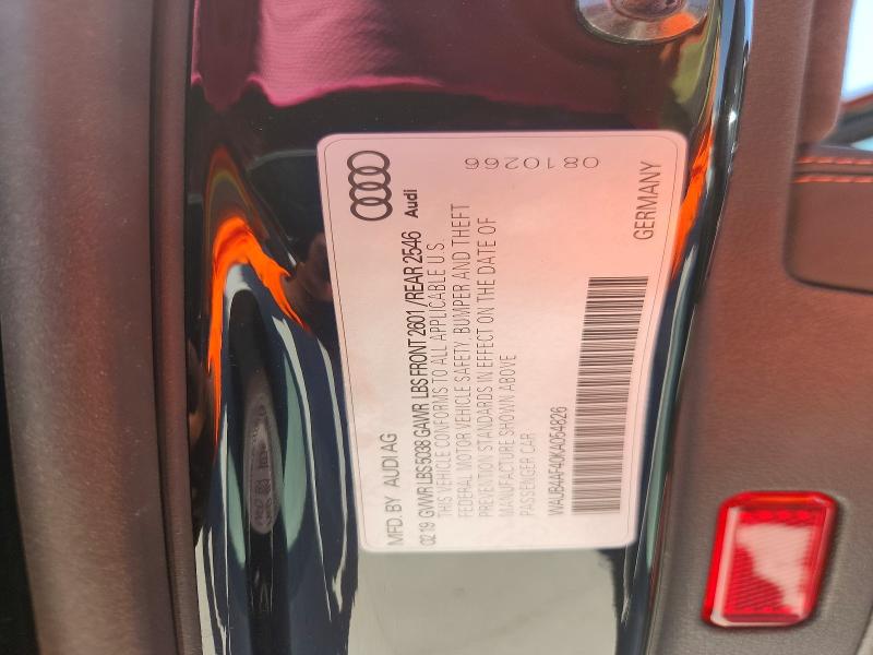 65936856 :رقم المزاد ، WAUB4AF40KA054826 vin ، 2019 Audi S4 مزاد بيع