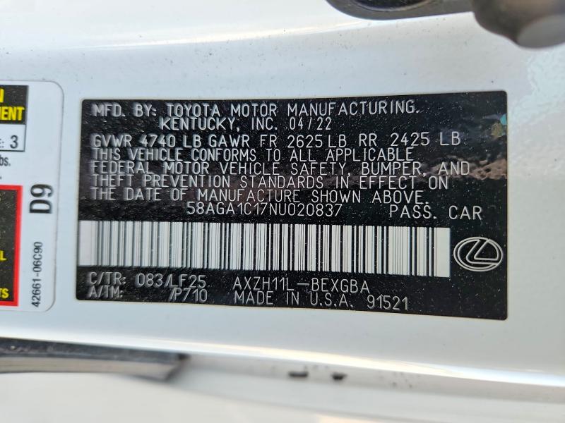 Aukcja sprzedaży 2022 Lexus Es 300h, vin: 58AGA1C17NU020837, numer aukcji: 63750056